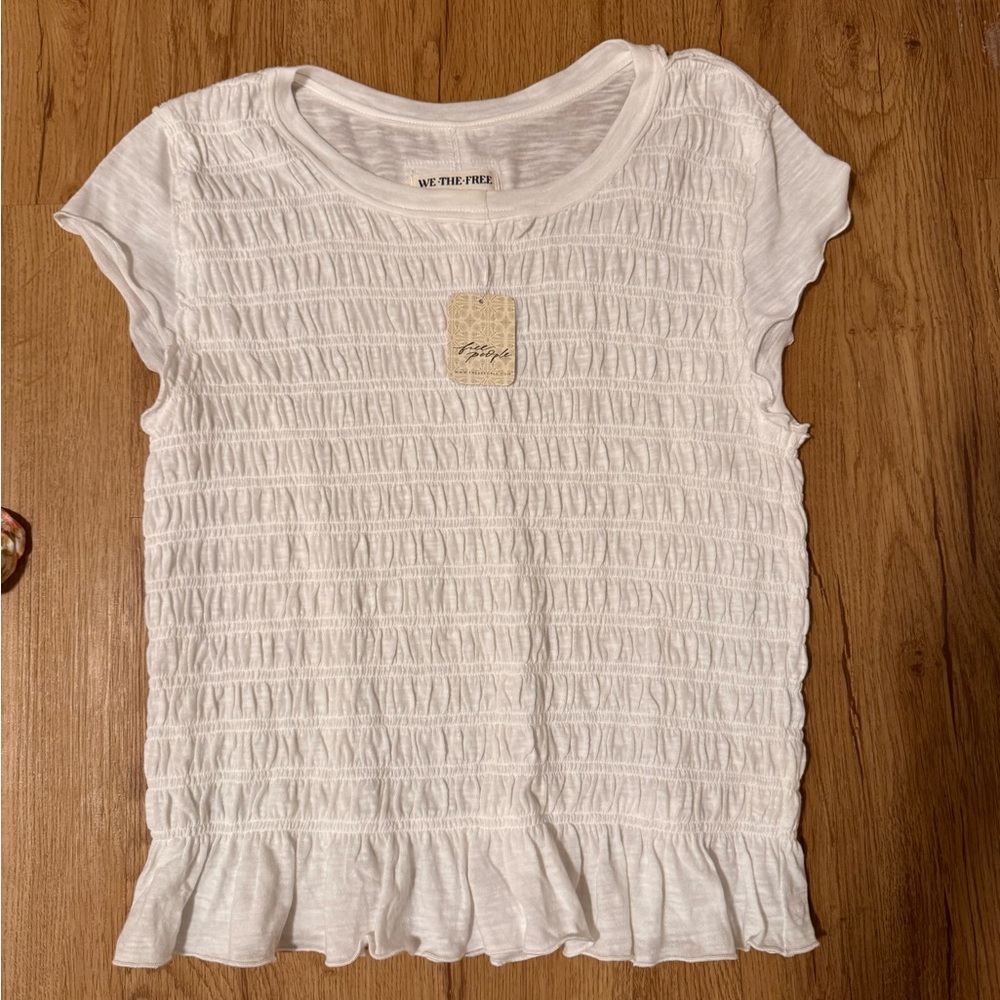 Free People White Textured Short Sleeve Top